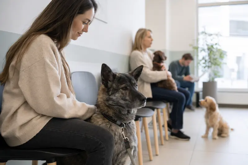 Ein Ainu-Hund sitzt ruhig neben seinem Besitzer im hellen Wartezimmer einer modernen Tierarztpraxis.